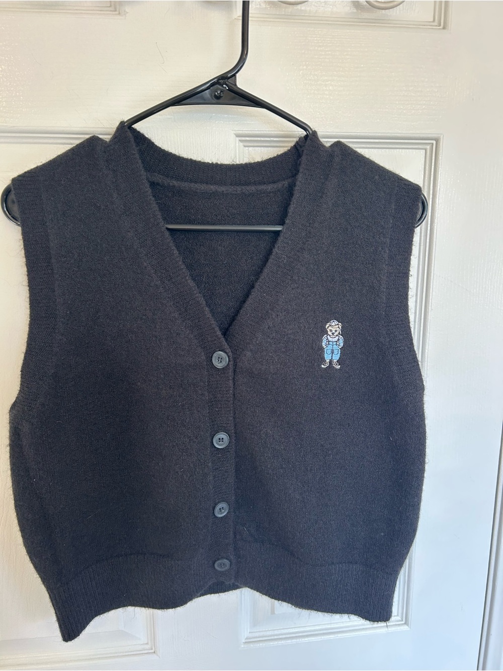 Black Knit Button-Up Vest with Embroidered Teddy Bear vintage size small